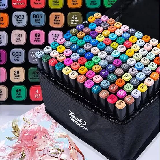 Conjunto de canetinhas coloridas para desenho, com diversas cores organizadas em uma caixa preta