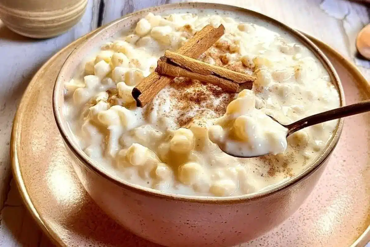 Canjica cremosa com leite condensado, polvilhada com canela, em uma tigela rústica.