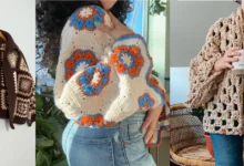 Três cardigans de crochê com estampas variadas e cores em alta para o inverno 2025