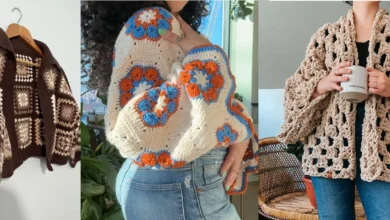 Três cardigans de crochê com estampas variadas e cores em alta para o inverno 2025