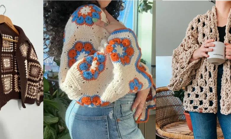 Três cardigans de crochê com estampas variadas e cores em alta para o inverno 2025