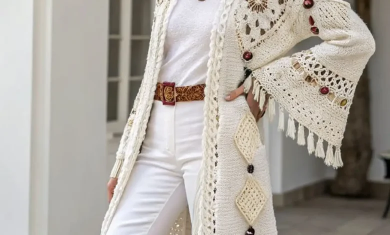 Casaco longo de crochĂȘ boho com detalhes artesanais e aplicação de franjas.