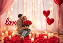 Casal celebrando o Dia dos Namorados com um buquê de rosas vermelhas, velas e balões em forma de coração.