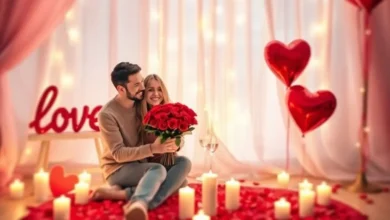 Casal celebrando o Dia dos Namorados com um buquê de rosas vermelhas, velas e balões em forma de coração.