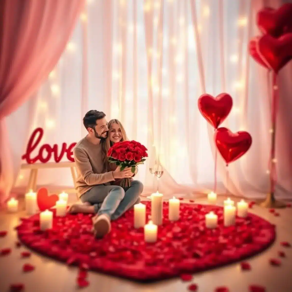 Casal celebrando o Dia dos Namorados com um buquê de rosas vermelhas, velas e balões em forma de coração.
