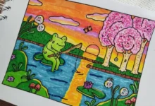 Ilustração colorida de um sapo relaxando ao lado de um lago, cercado por flores e árvores em um cenário tranquilo