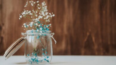 Arranjo delicado de flores azuis e brancas em pote de vidro com tampa de madeira.