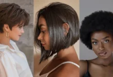 Imagem de três estilos de cortes de cabelo: pixie, bob e afro, representando diversidade e modernidade.