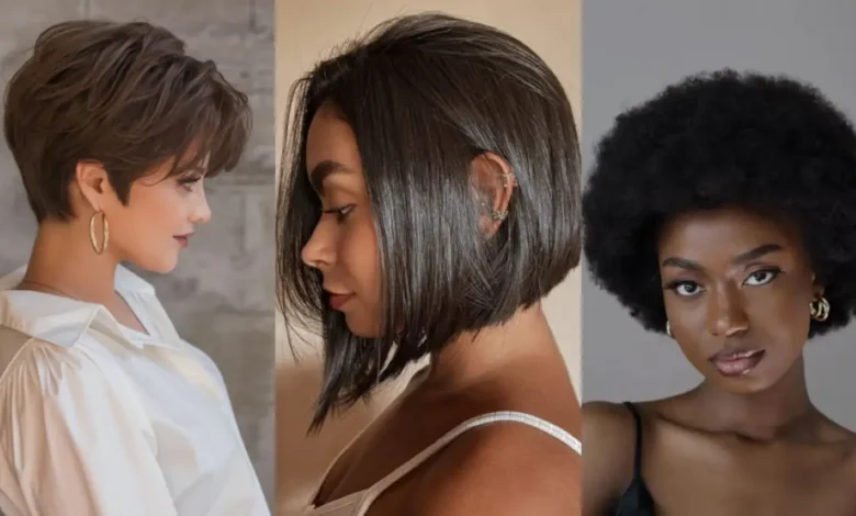 Imagem de três estilos de cortes de cabelo: pixie, bob e afro, representando diversidade e modernidade.