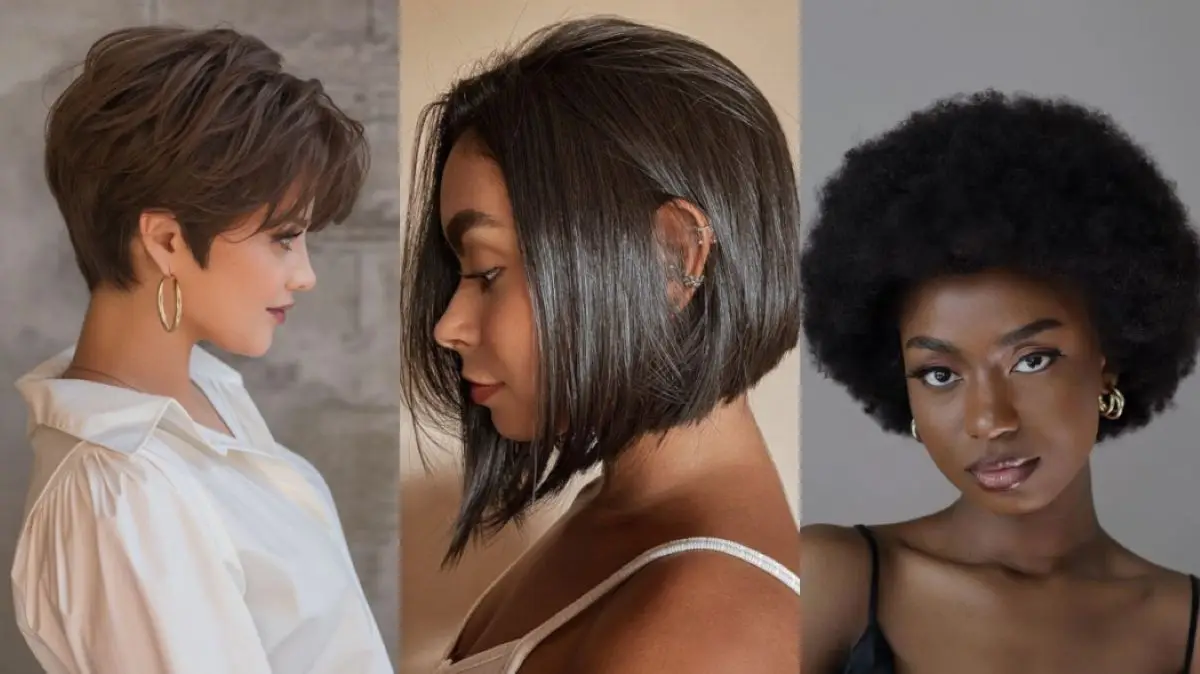 Imagem de três estilos de cortes de cabelo: pixie, bob e afro, representando diversidade e modernidade.