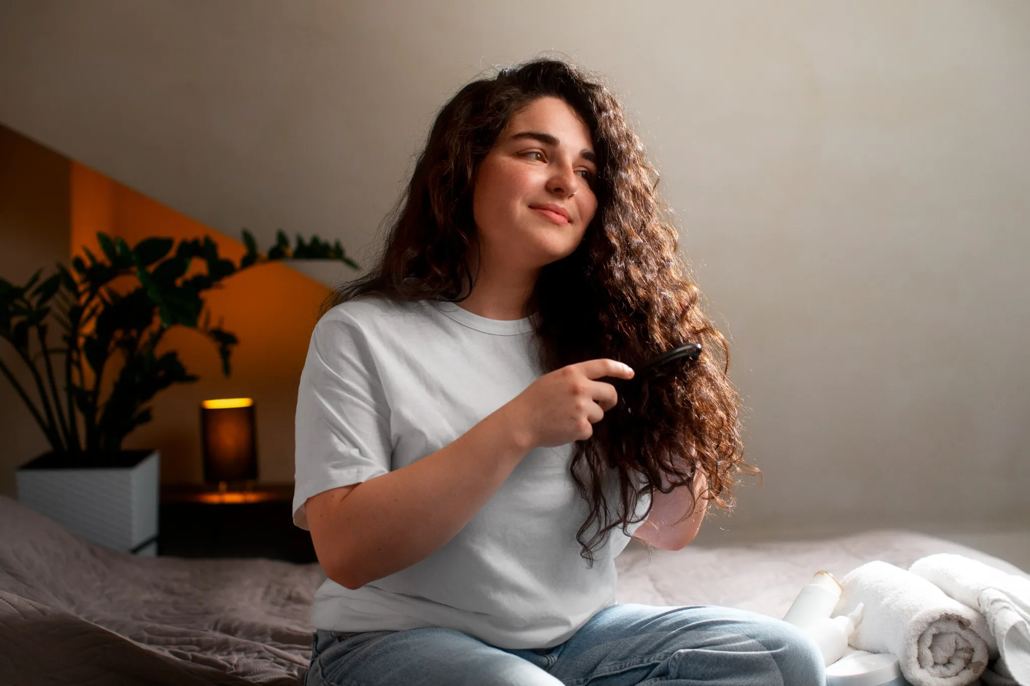 Mulher com cabelo encaracolado cuidando dos fios após alisamento