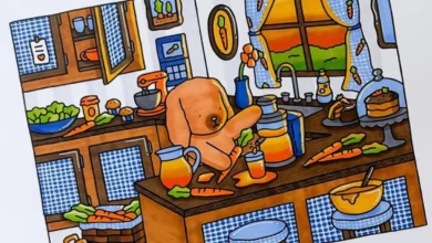 Ilustração colorida de cozinha com cachorro preparando suco de cenoura, no estilo Bobbie Goods.