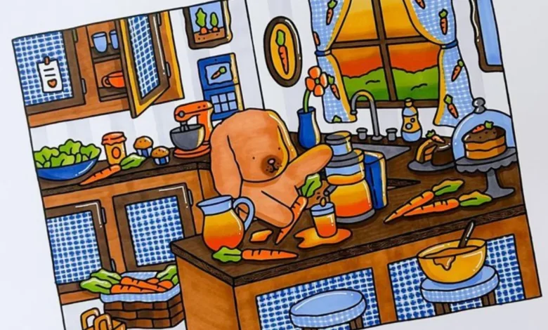 Ilustração colorida de cozinha com cachorro preparando suco de cenoura, no estilo Bobbie Goods.