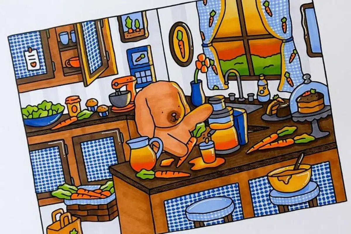Ilustração colorida de cozinha com cachorro preparando suco de cenoura, no estilo Bobbie Goods.