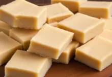 Quadrados de doce de leite de corte recém-feitos, com uma textura macia e crocante.