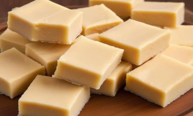 Quadrados de doce de leite de corte recém-feitos, com uma textura macia e crocante.