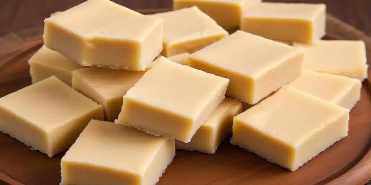 Quadrados de doce de leite de corte recém-feitos, com uma textura macia e crocante.