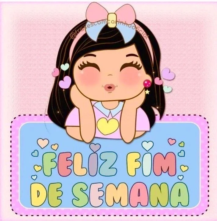 Ilustração de uma menina fofa com a mensagem 'Feliz Fim de Semana' em cores suaves e divertidas