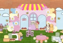 Decoração de festa ao ar livre com tema Bobbie Goods e elementos coloridos
