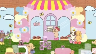 Decoração de festa ao ar livre com tema Bobbie Goods e elementos coloridos