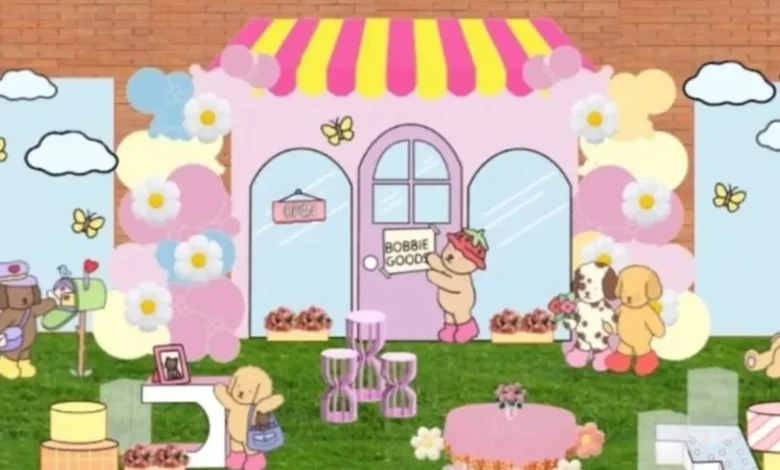 Decoração de festa ao ar livre com tema Bobbie Goods e elementos coloridos