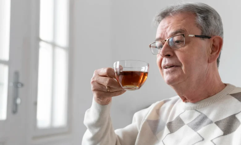 Senhor idoso apreciando uma xícara de chá em ambiente iluminado, simbolizando saúde e bem-estar na terceira idade.