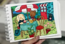 Ilustração de café com animais sentados à mesa em um ambiente colorido e divertido