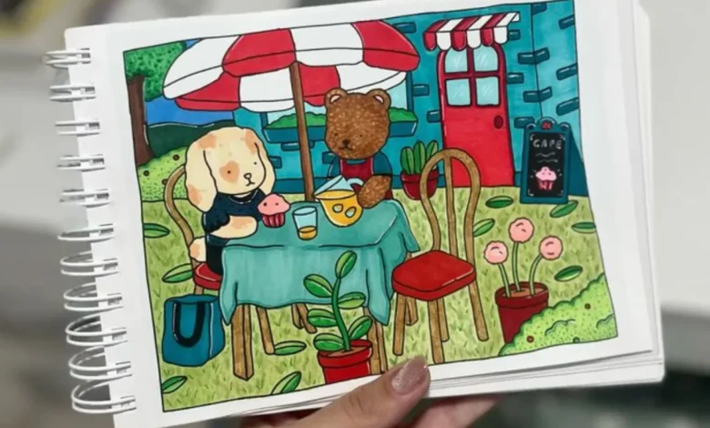 Ilustração de café com animais sentados à mesa em um ambiente colorido e divertido