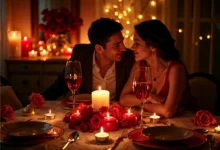 Casal apaixonado curtindo jantar romântico à luz de velas