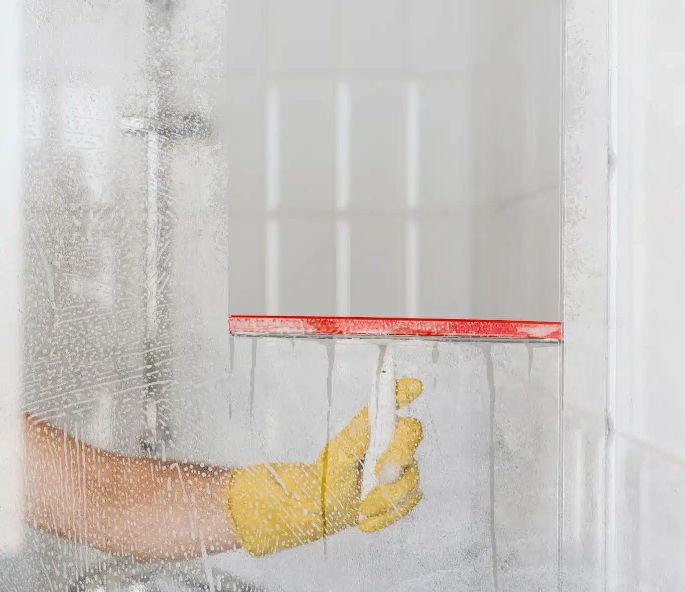 Pessoa limpando o vidro do box do banheiro com luvas amarelas.