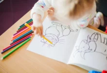 Criança colorindo desenhos de animais em um livro de colorir com lápis coloridos sobre a mesa