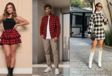 Cinco looks diferentes de xadrez, incluindo vestidos, camisas e saias, em cores vermelho, preto e branco, ideais para o São João.