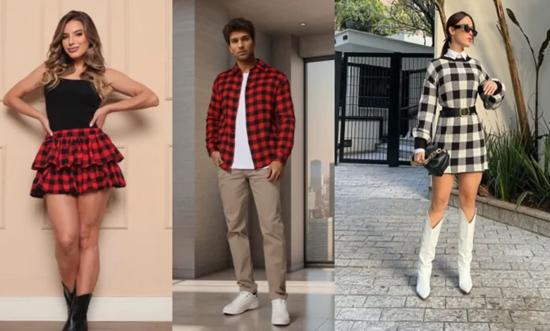 Cinco looks diferentes de xadrez, incluindo vestidos, camisas e saias, em cores vermelho, preto e branco, ideais para o São João.