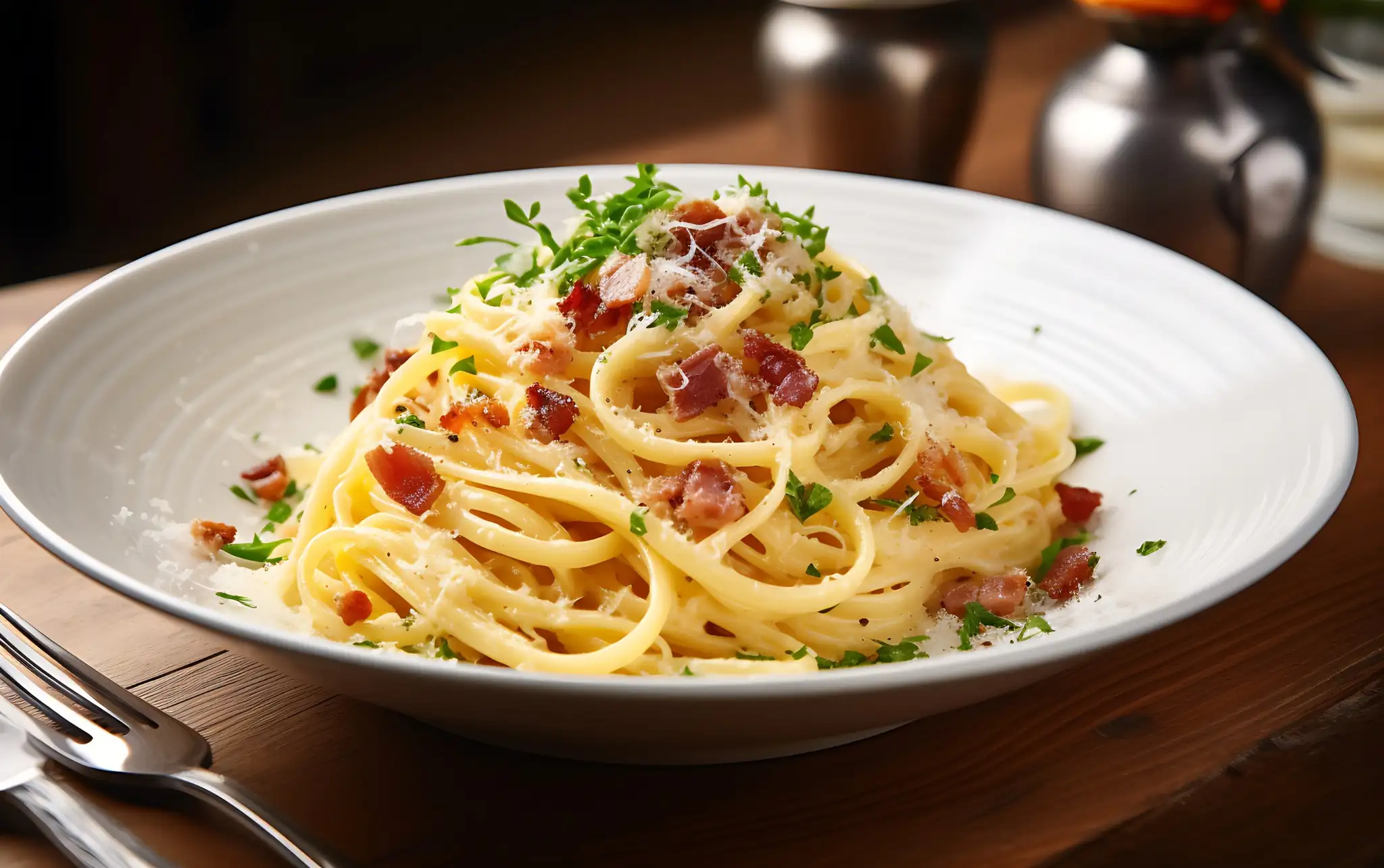 Macarrão à carbonara com bacon crocante e queijo servido para jantar romântico
