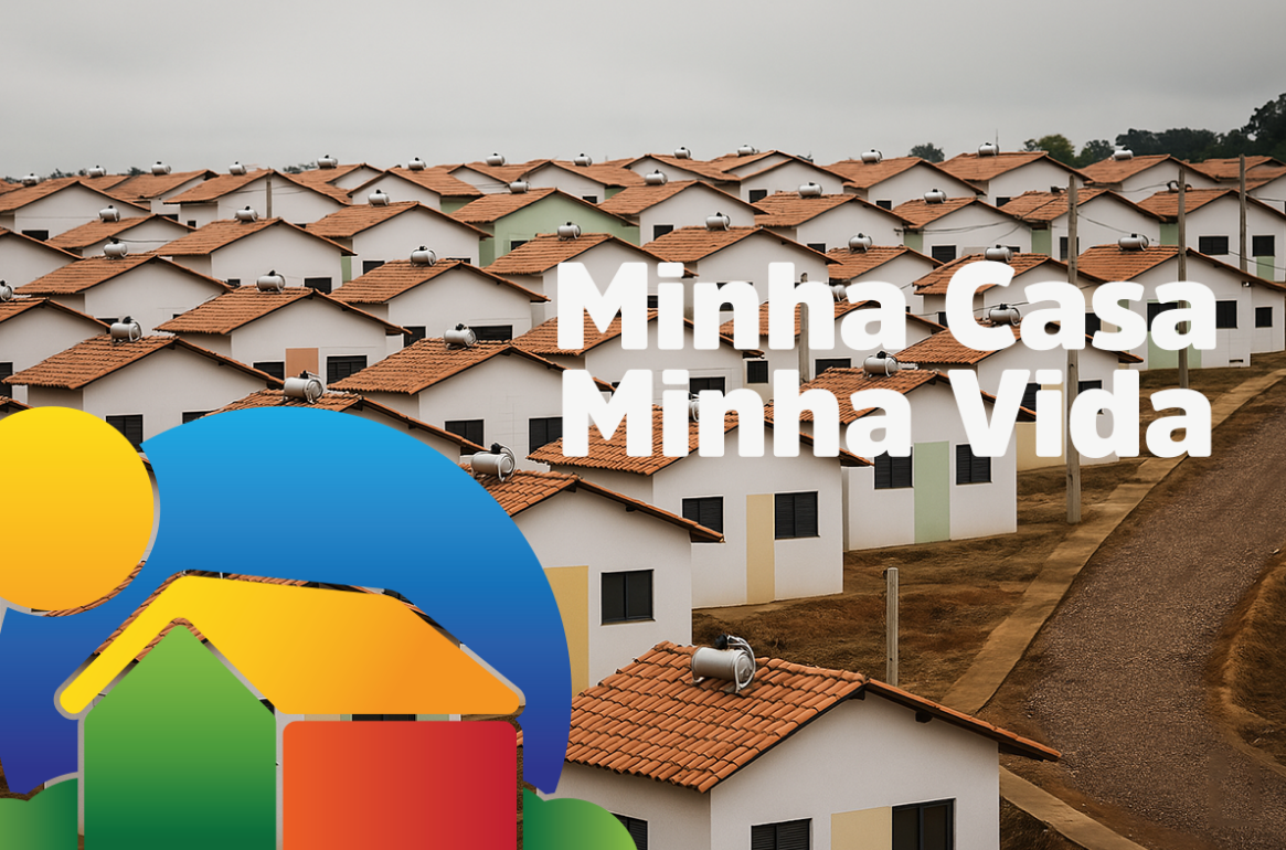 Conjunto habitacional do programa Minha Casa, Minha Vida, com casas de telhado vermelho e fachadas brancas, em cenário de inscrições abertas para 2025.