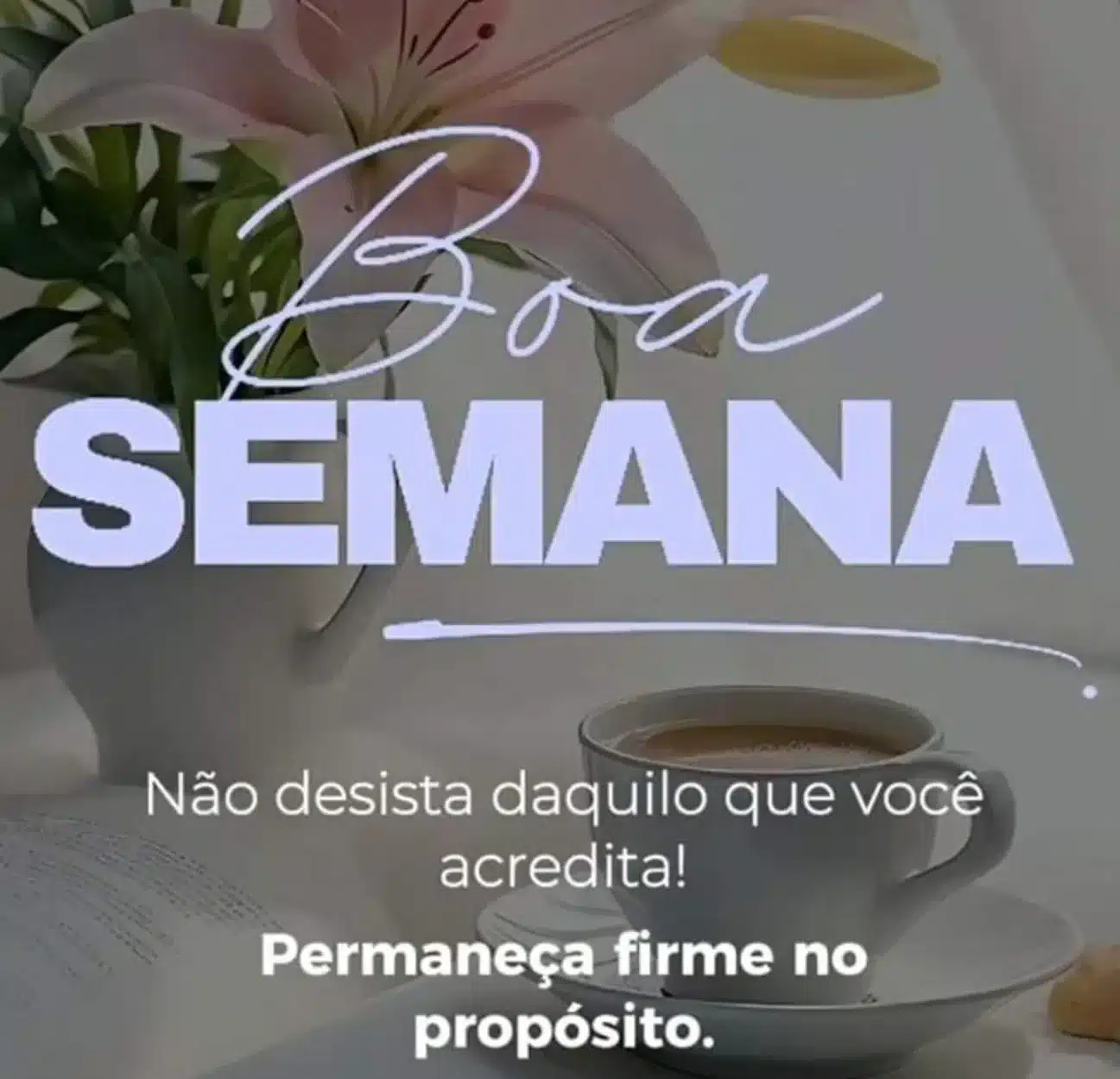 mensagem motivacional de boa semana com flores e xícara de café