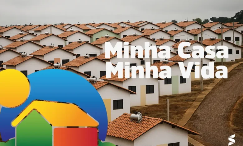 Imagem de um conjunto de casas populares do programa Minha Casa, Minha Vida, destacando o impacto do programa na construção de moradias no Brasil.