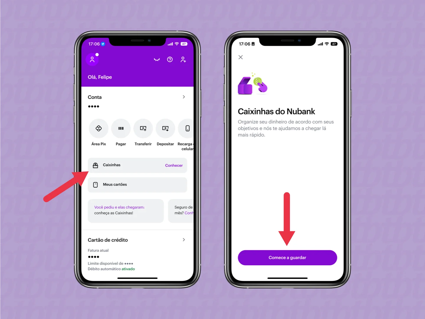 T Baeira do aplicativo Nubank mostrando a funcionalidade das Caixinhas, onde o usuário pode organizar seu dinheiro de acordo com objetivos.