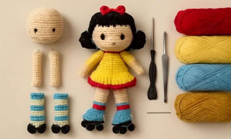 Bonequinha de crochĂȘ com patins coloridos, mostrando as diferentes partes do corpo, cabelo e roupas.