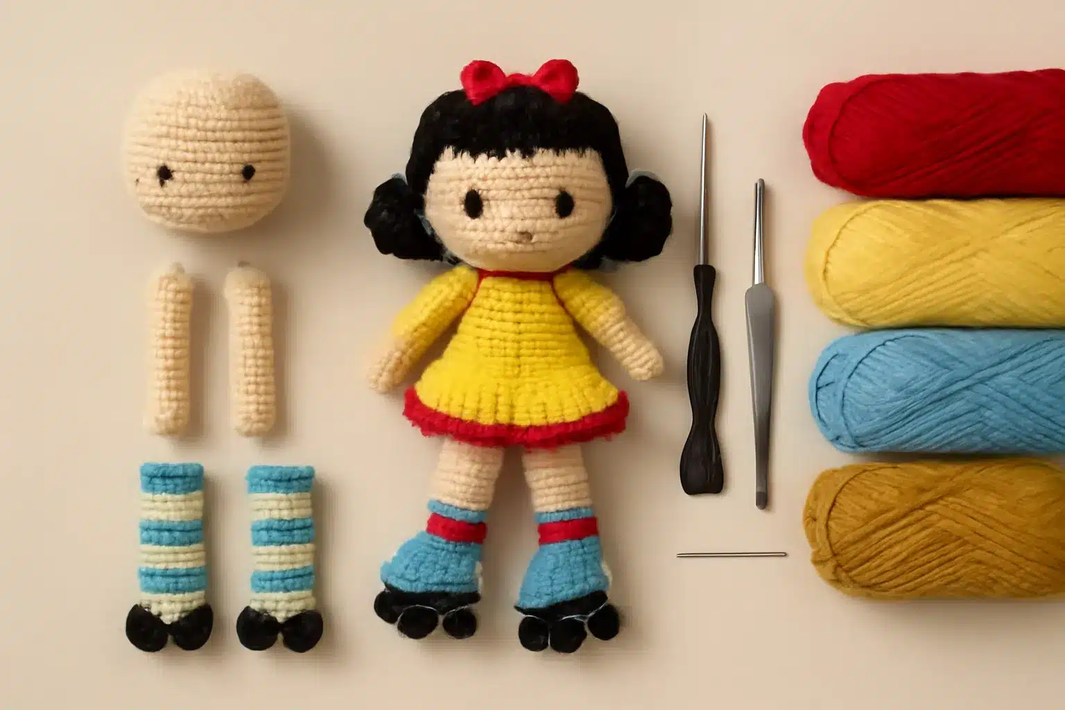 Bonequinha de crochê com patins coloridos, mostrando as diferentes partes do corpo, cabelo e roupas.