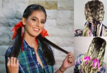 Penteados juninos com fitas coloridas para o São João, com opções de tranças e laços vermelhos e rosa.