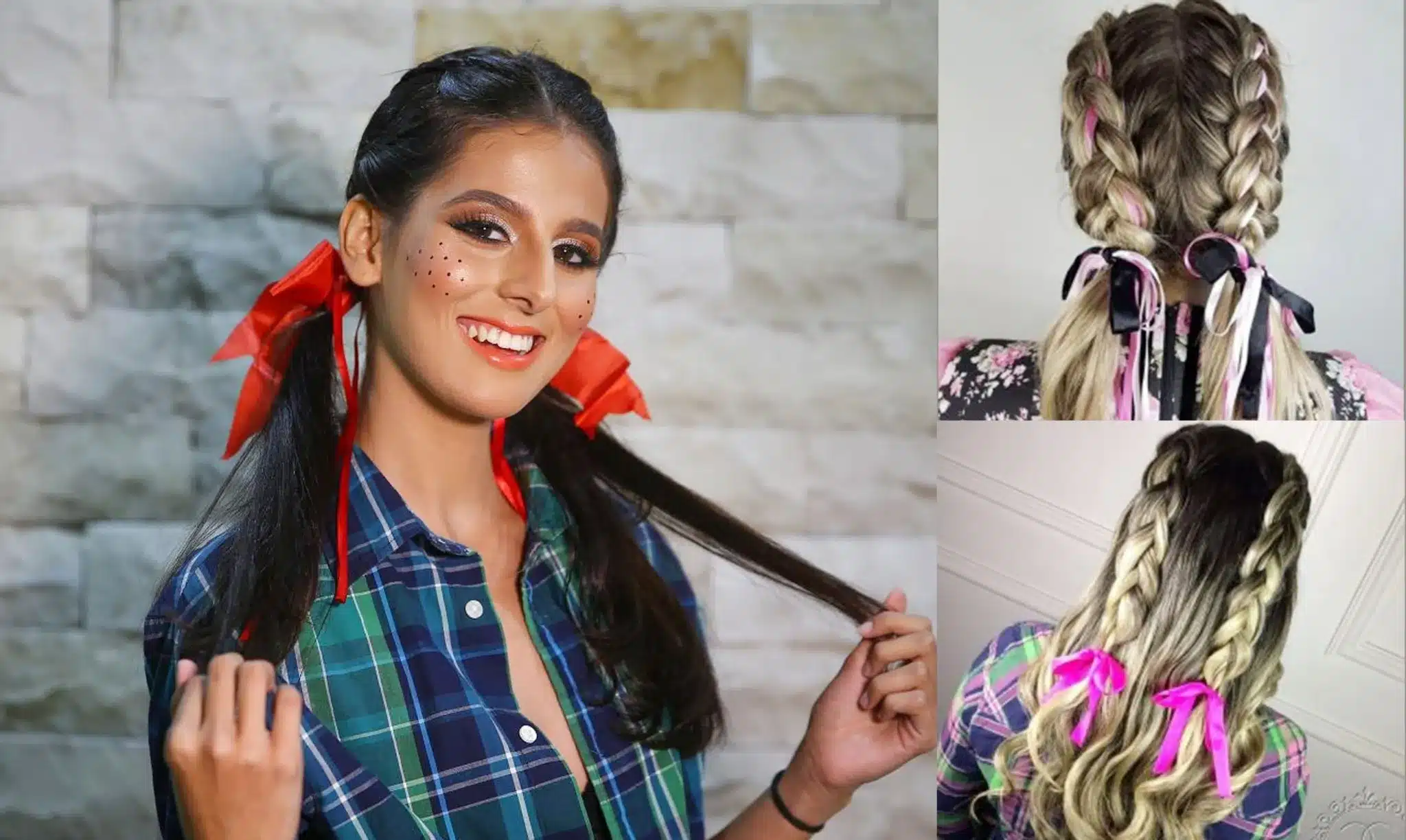 Penteados juninos com fitas coloridas para o São João, com opções de tranças e laços vermelhos e rosa.