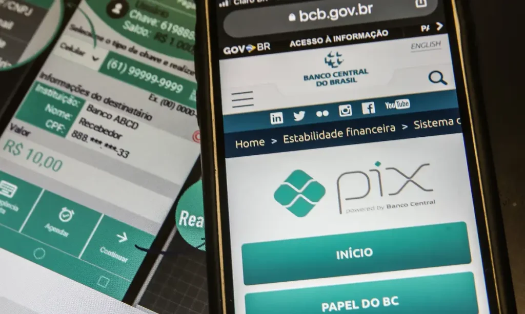 Imagem mostrando a interface do Pix no aplicativo do Banco Central e a realização de transferência no celular.