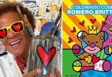 Romero Britto segurando pincéis ao lado de capa do livro infantil