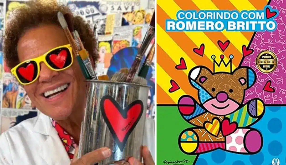 Romero Britto segurando pincéis ao lado de capa do livro infantil