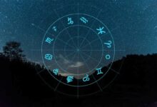Imagem da roda do zodíaco sobre o céu estrelado, representando os 12 signos astrológicos.