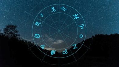 Imagem da roda do zodíaco sobre o céu estrelado, representando os 12 signos astrológicos.