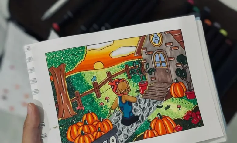 Desenho colorido de cenário com abóbora feito com canetinhas, ilustrando técnicas de pintura sem manchas.