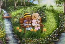 Desenho encantador de dois animais fofos, um urso e um cachorro, sentados em um banco no meio de um campo florido, com um caminho tranquilo ao fundo.