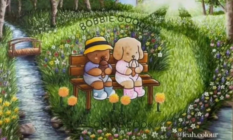Desenho encantador de dois animais fofos, um urso e um cachorro, sentados em um banco no meio de um campo florido, com um caminho tranquilo ao fundo.